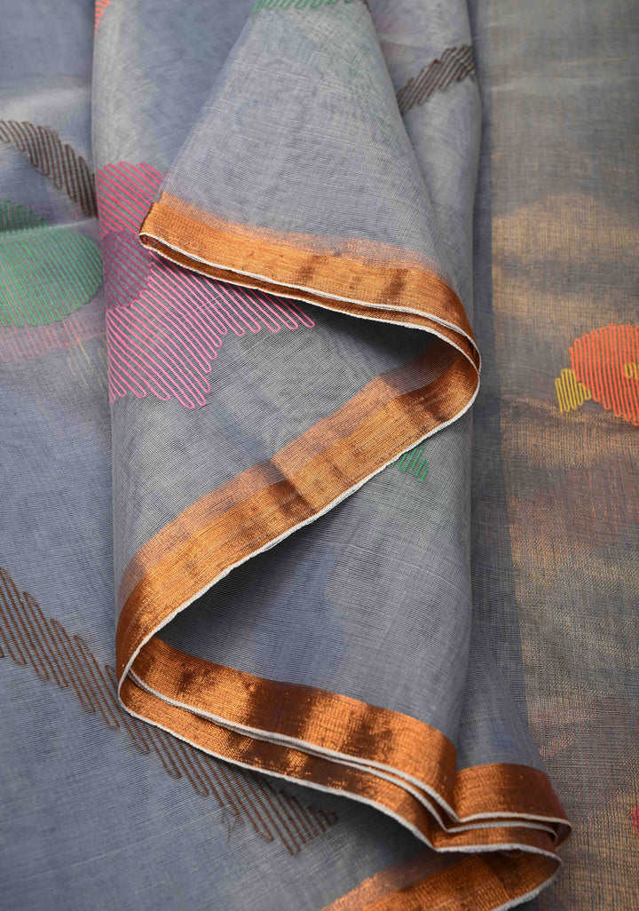 Heather Blue Mercedized Cotton Tissue Saree with hand Jamdhani Work and long tassels