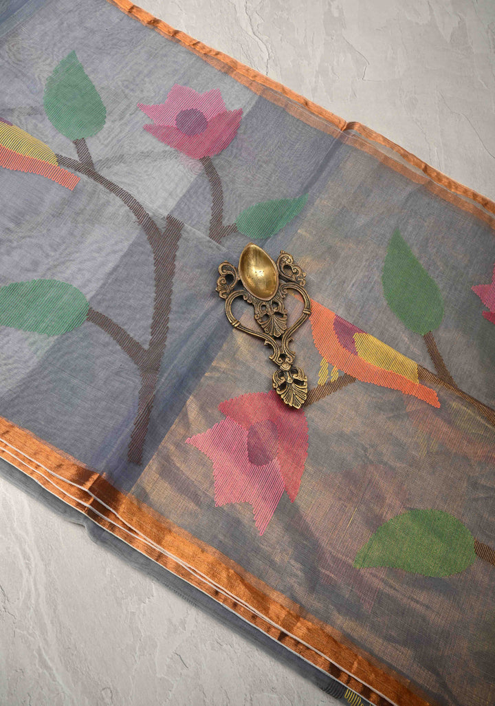 Heather Blue Mercedized Cotton Tissue Saree with hand Jamdhani Work and long tassels