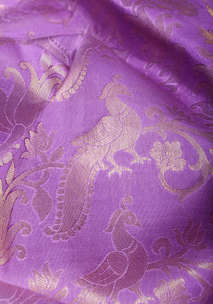 Brocade Kanjivaram Pure Silk Saree in Lilac and Purple with Peacock Leheria design | SILK MARK CERTIFIED