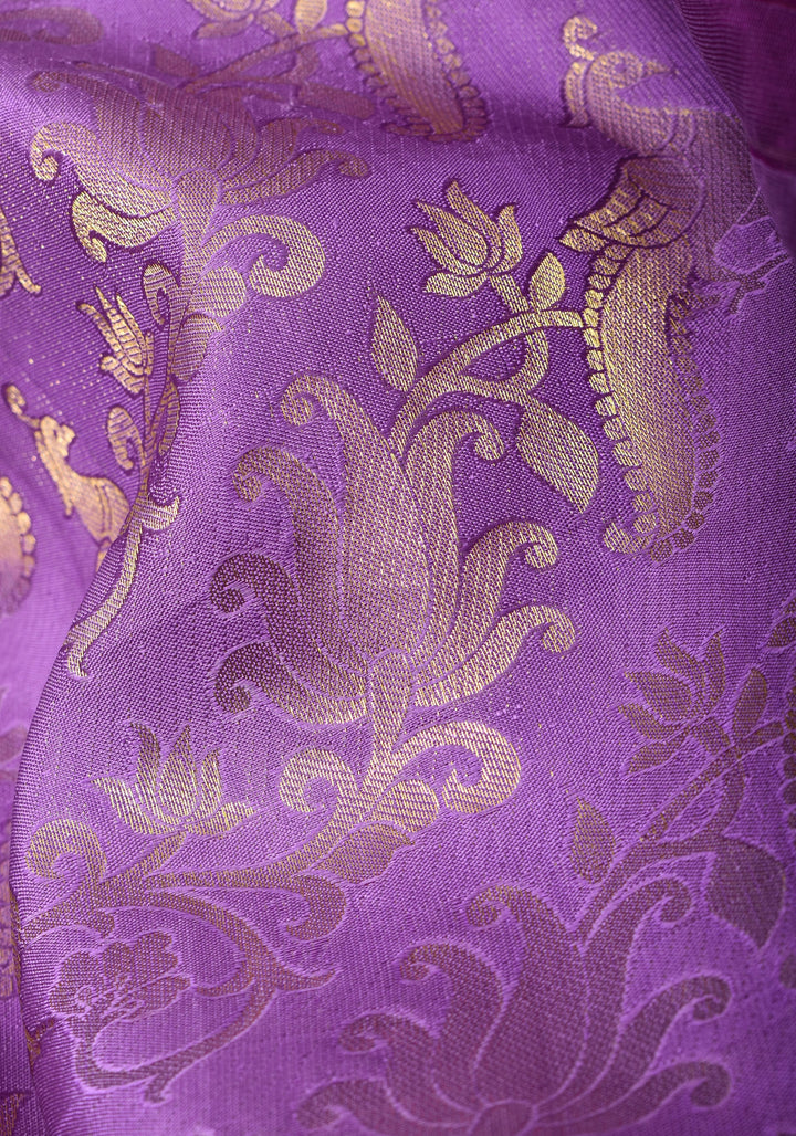 Brocade Kanjivaram Pure Silk Saree in Lilac and Purple with Peacock Leheria design | SILK MARK CERTIFIED