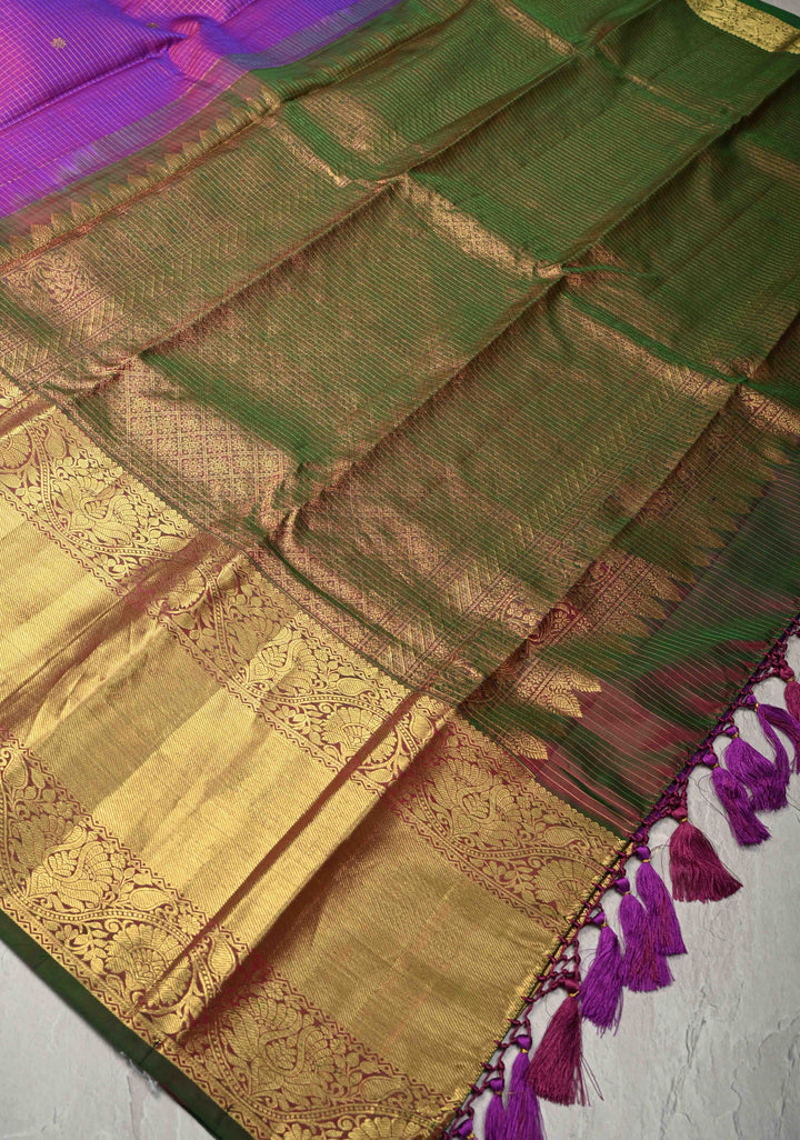 Purple Dual tone Podi-Kattam Zari Checks on Kanjivaram Silk Saree with Zari Buttas and Contrast Zari Border | SILK MARK CERTIFIED