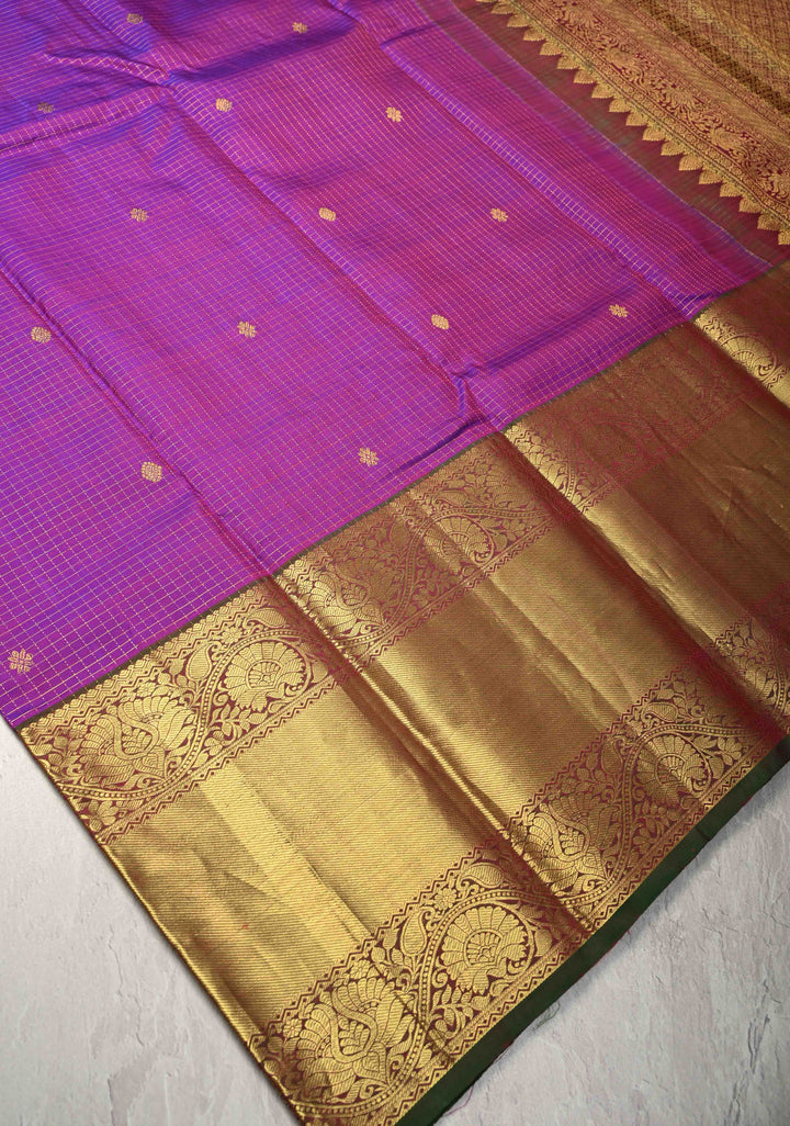 Purple Dual tone Podi-Kattam Zari Checks on Kanjivaram Silk Saree with Zari Buttas and Contrast Zari Border | SILK MARK CERTIFIED