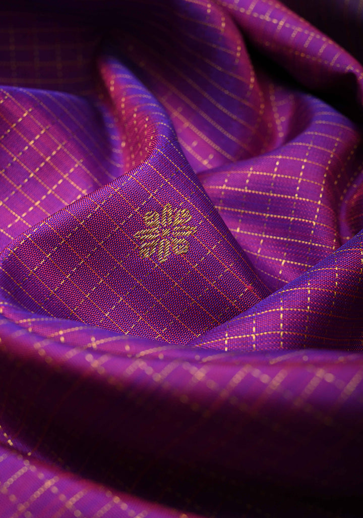 Purple Dual tone Podi-Kattam Zari Checks on Kanjivaram Silk Saree with Zari Buttas and Contrast Zari Border | SILK MARK CERTIFIED