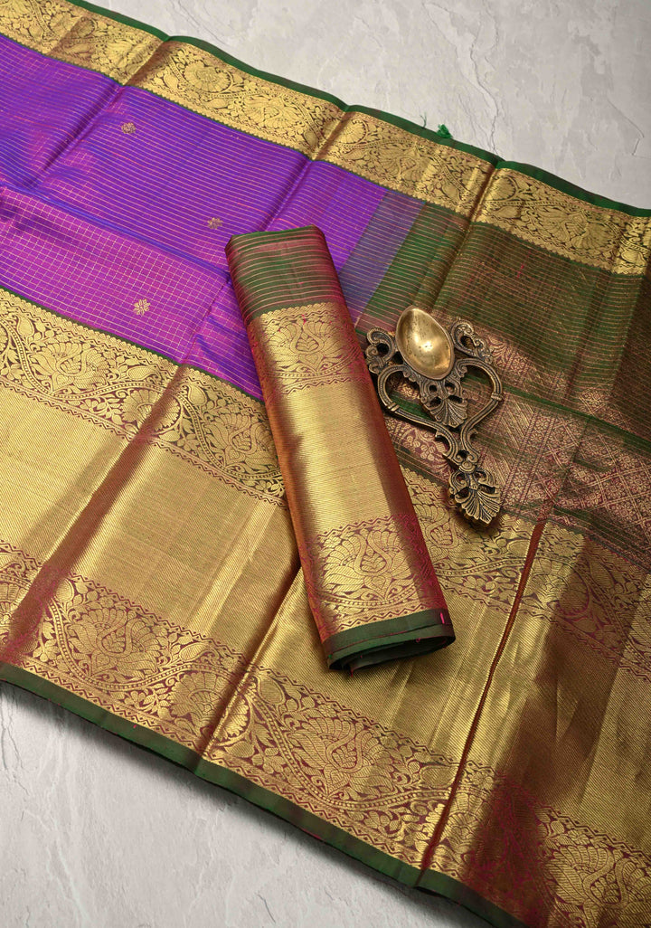 Purple Dual tone Podi-Kattam Zari Checks on Kanjivaram Silk Saree with Zari Buttas and Contrast Zari Border | SILK MARK CERTIFIED