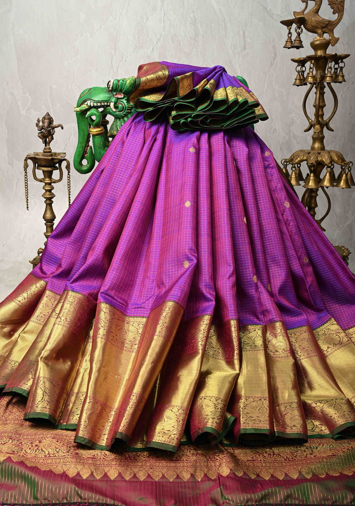 Purple Dual tone Podi-Kattam Zari Checks on Kanjivaram Silk Saree with Zari Buttas and Contrast Zari Border | SILK MARK CERTIFIED