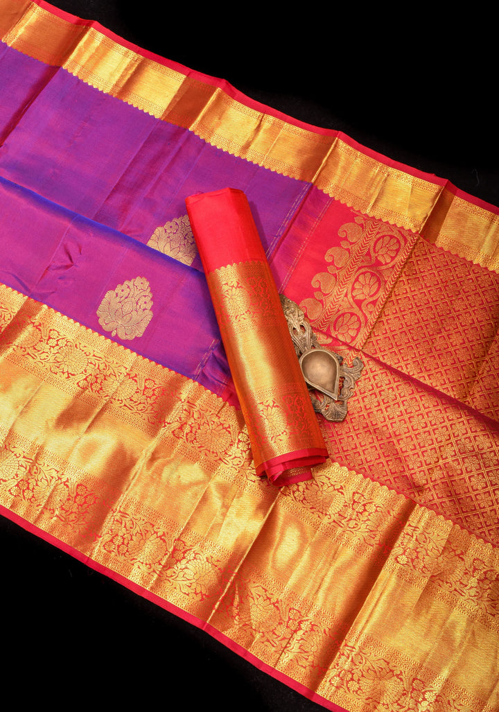 Purple Dual Tone Pure Silk Kanjivaram Saree with Damask Motifs and Red wide border | SILK MARK CERTIFIED