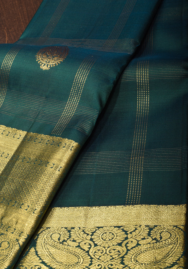 Hunter Green Kanjivaram Silk Saree with Zari Stripes Gold Silver Buttas and Wide Zari Border | SILK MARK CERTIFIED