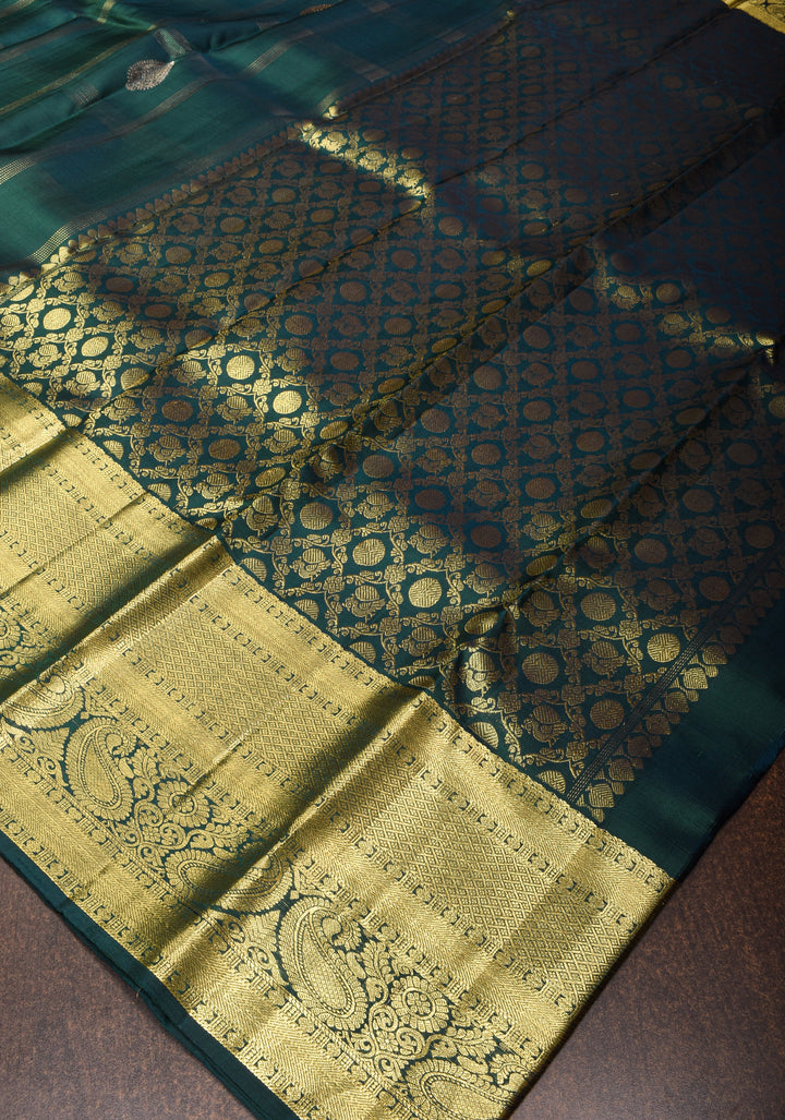 Hunter Green Kanjivaram Silk Saree with Zari Stripes Gold Silver Buttas and Wide Zari Border | SILK MARK CERTIFIED