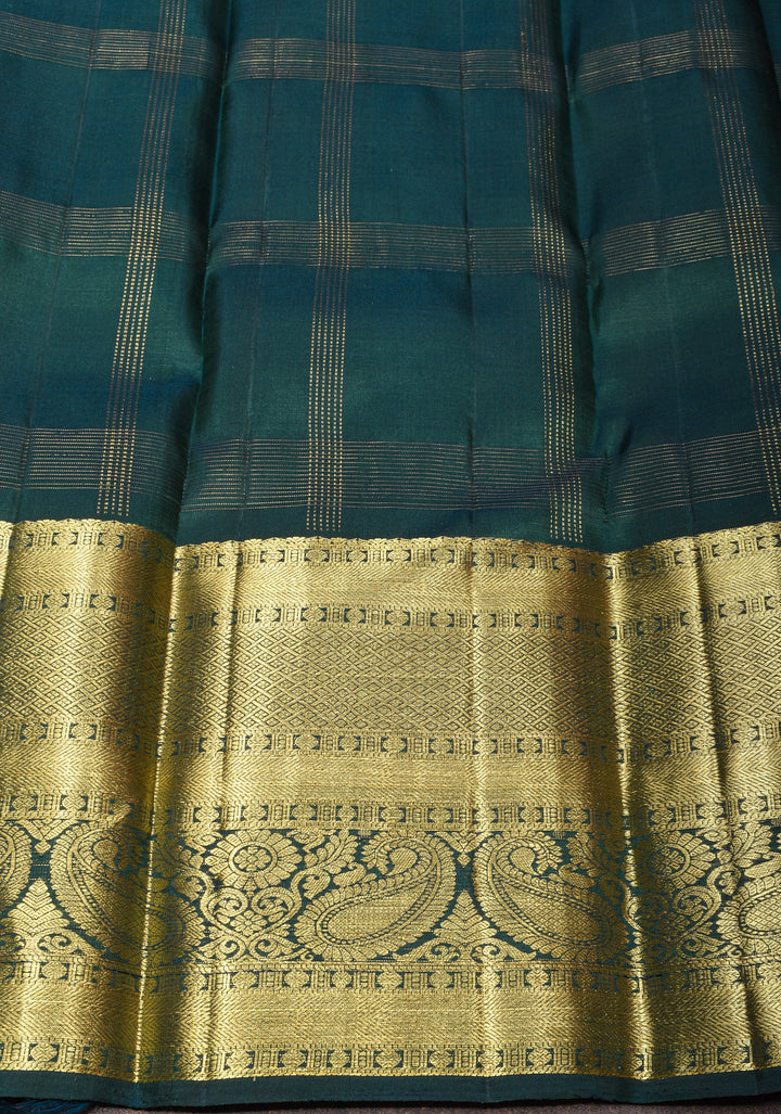 Hunter Green Kanjivaram Silk Saree with Zari Stripes Gold Silver Buttas and Wide Zari Border | SILK MARK CERTIFIED