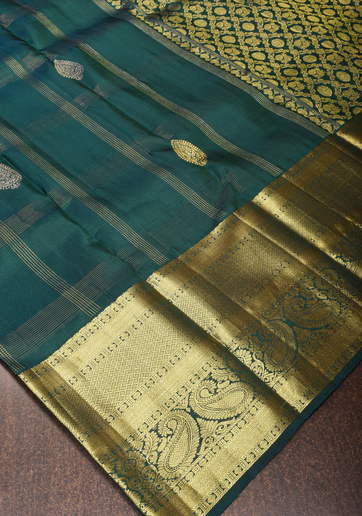 Hunter Green Kanjivaram Silk Saree with Zari Stripes Gold Silver Buttas and Wide Zari Border | SILK MARK CERTIFIED