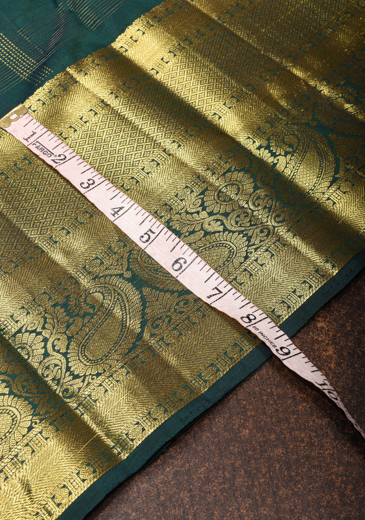 Hunter Green Kanjivaram Silk Saree with Zari Stripes Gold Silver Buttas and Wide Zari Border | SILK MARK CERTIFIED