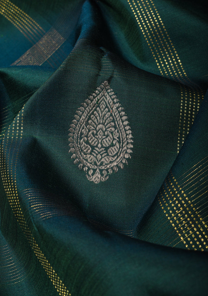 Hunter Green Kanjivaram Silk Saree with Zari Stripes Gold Silver Buttas and Wide Zari Border | SILK MARK CERTIFIED