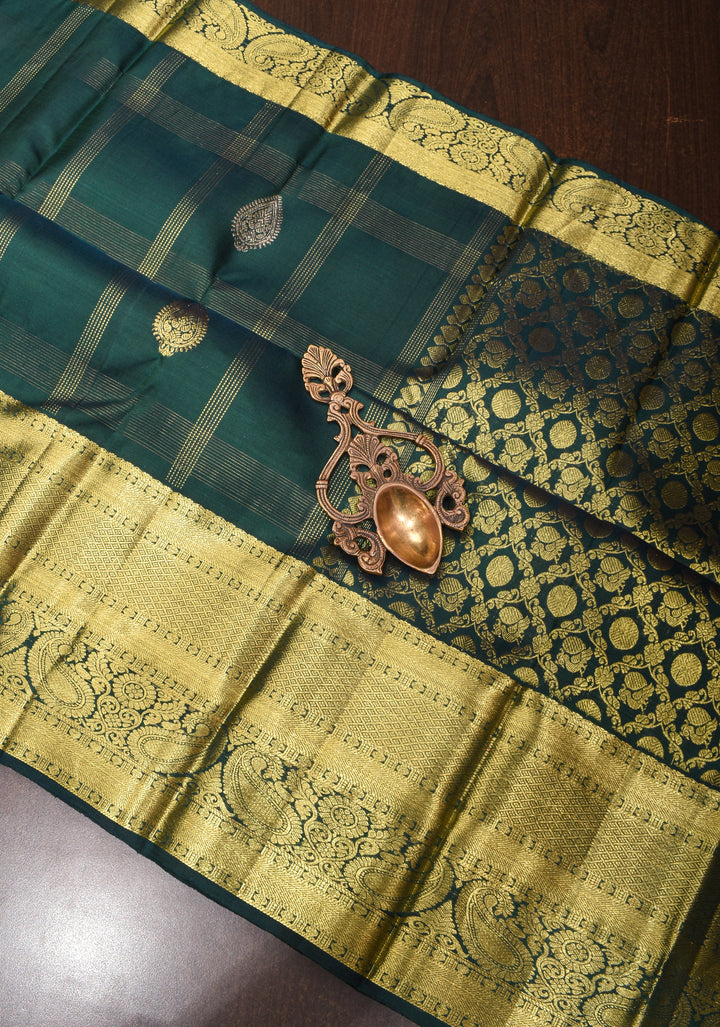Hunter Green Kanjivaram Silk Saree with Zari Stripes Gold Silver Buttas and Wide Zari Border | SILK MARK CERTIFIED