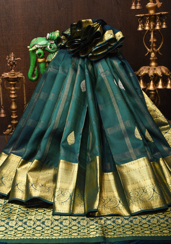 Hunter Green Kanjivaram Silk Saree with Zari Stripes Gold Silver Buttas and Wide Zari Border | SILK MARK CERTIFIED