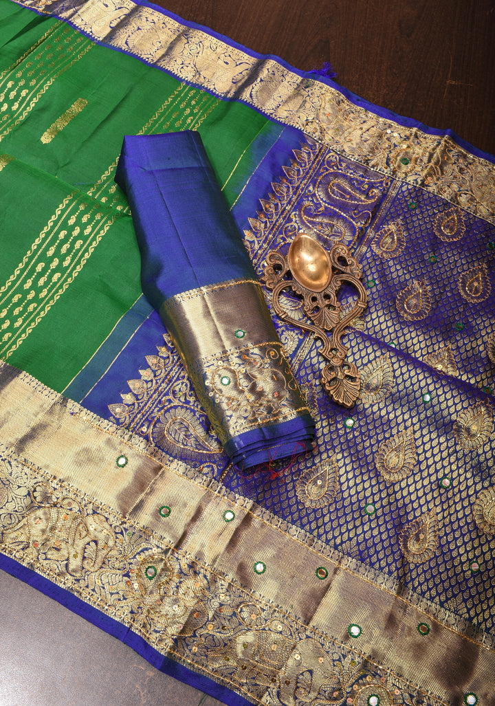 Cutdana handwork on Green Pure Kanjivaram Silk Saree with Zari Stripes and Zari Buttas | SILK MARK CERTIFIED