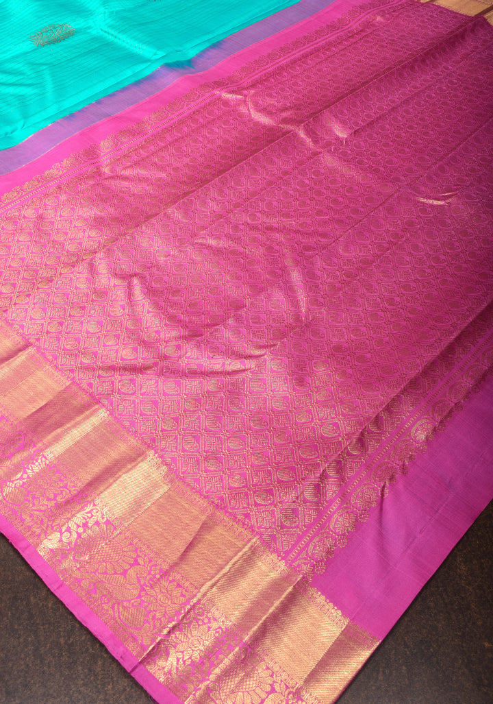 Ananda Blue Kanjivaram Silk Saree with Floral Motifs and Zari Border, Contrast Pallu  | SILK MARK CERTIFIED