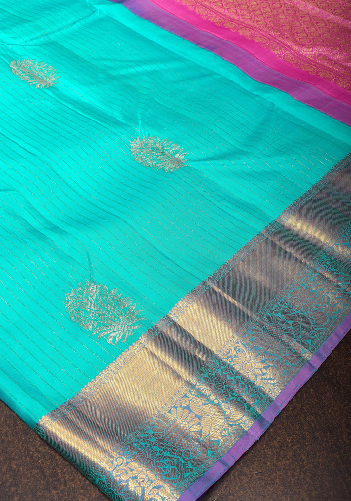 Ananda Blue Kanjivaram Silk Saree with Floral Motifs and Zari Border, Contrast Pallu  | SILK MARK CERTIFIED
