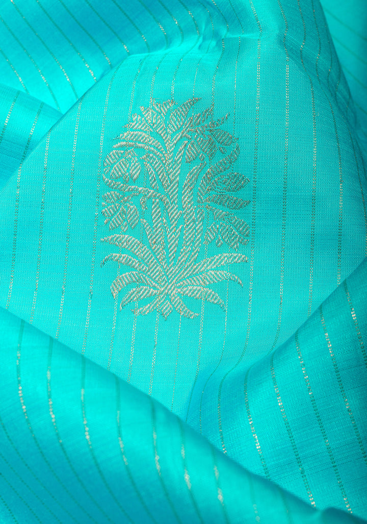 Ananda Blue Kanjivaram Silk Saree with Floral Motifs and Zari Border, Contrast Pallu  | SILK MARK CERTIFIED