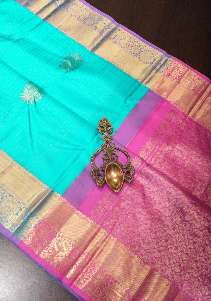 Ananda Blue Kanjivaram Silk Saree with Floral Motifs and Zari Border, Contrast Pallu  | SILK MARK CERTIFIED
