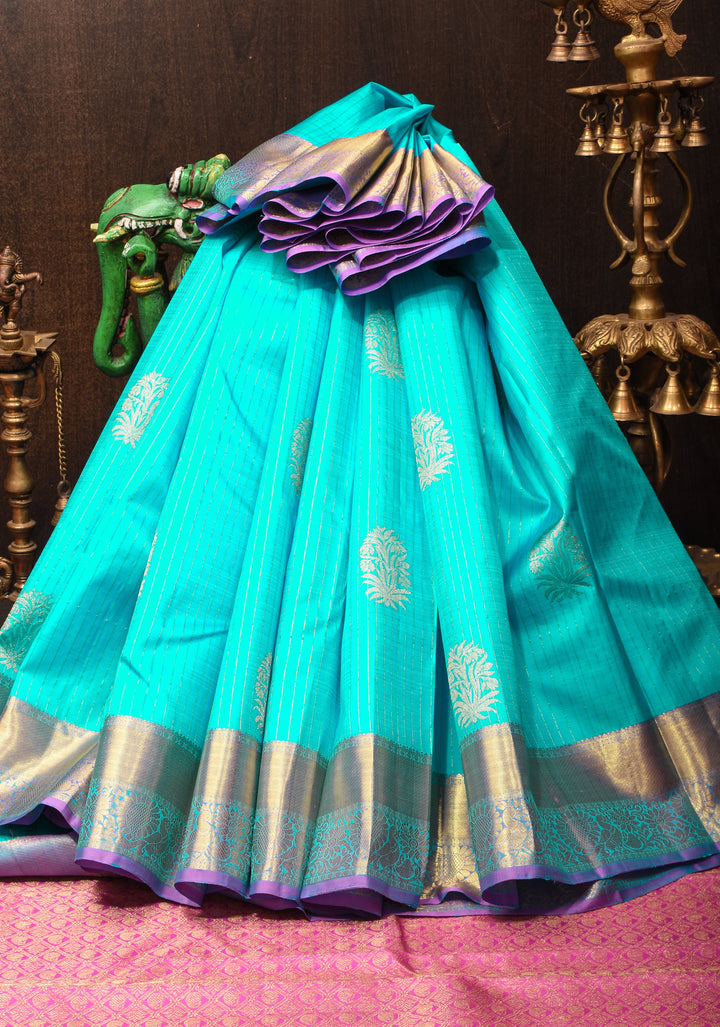 Ananda Blue Kanjivaram Silk Saree with Floral Motifs and Zari Border, Contrast Pallu  | SILK MARK CERTIFIED