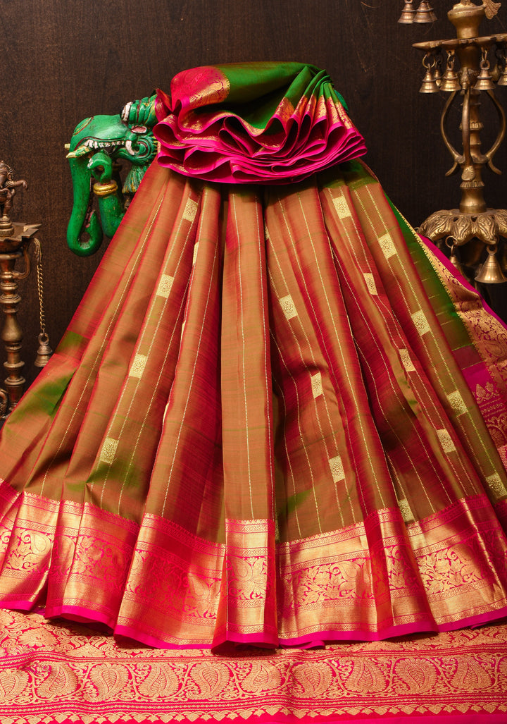Green Dual tone Kanjivaram Silk Saree with Vertical Stripes and Buttas with Contrast Zari Border | SILK MARK CERTIFIED