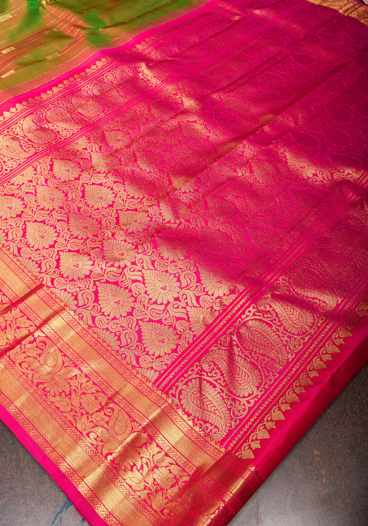 Green Dual tone Kanjivaram Silk Saree with Vertical Stripes and Buttas with Contrast Zari Border | SILK MARK CERTIFIED