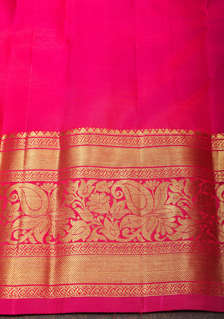 Green Dual tone Kanjivaram Silk Saree with Vertical Stripes and Buttas with Contrast Zari Border | SILK MARK CERTIFIED