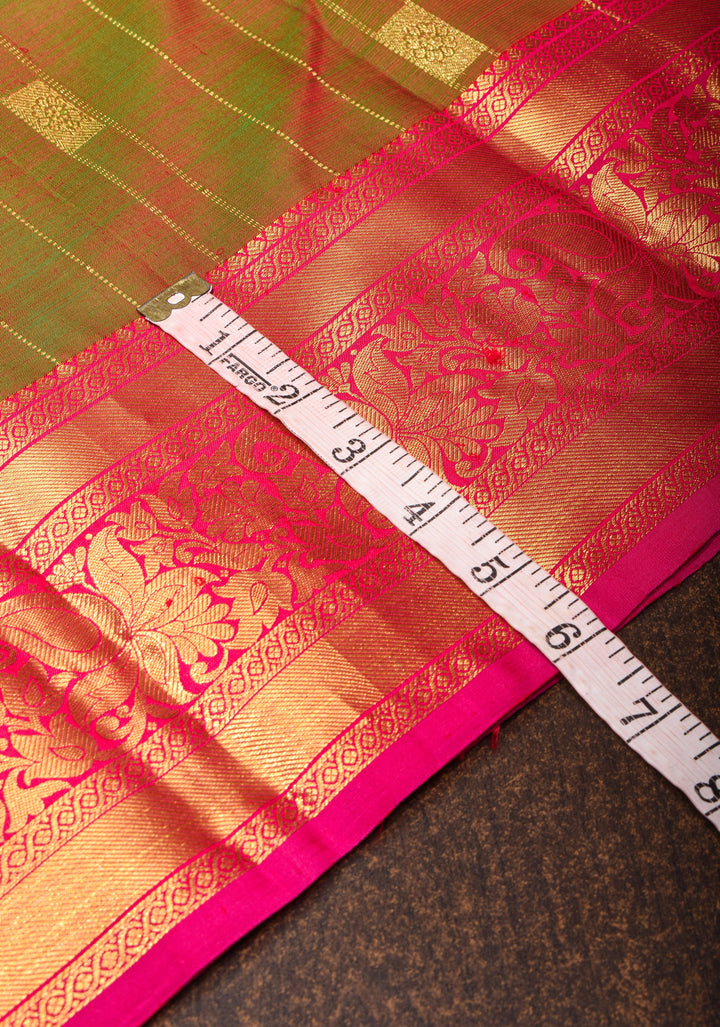 Green Dual tone Kanjivaram Silk Saree with Vertical Stripes and Buttas with Contrast Zari Border | SILK MARK CERTIFIED