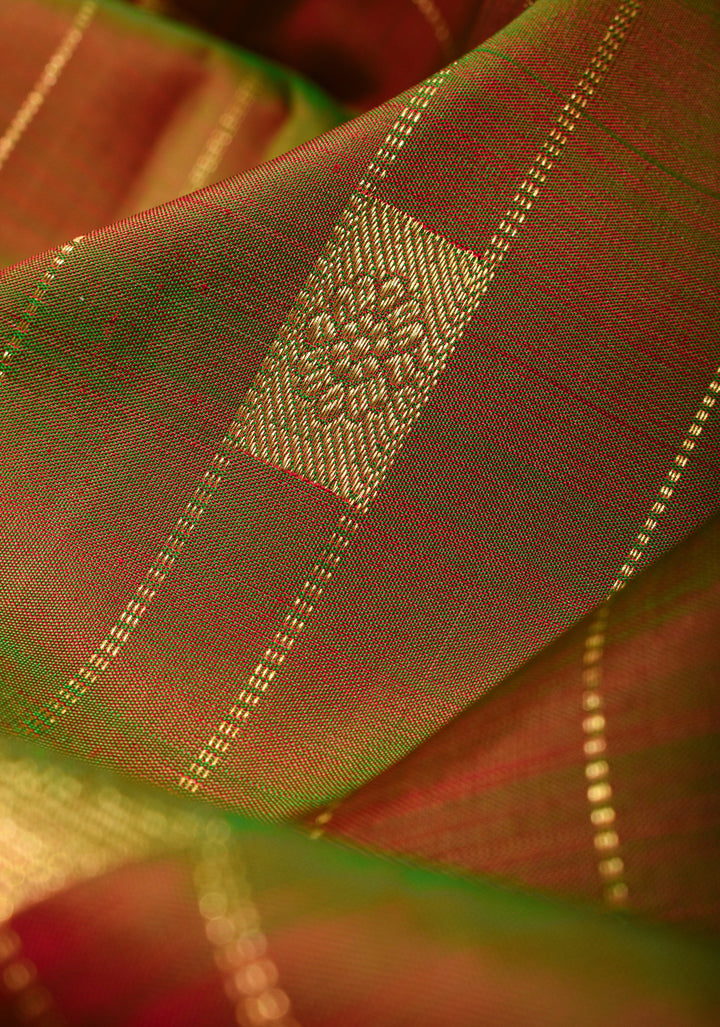 Green Dual tone Kanjivaram Silk Saree with Vertical Stripes and Buttas with Contrast Zari Border | SILK MARK CERTIFIED