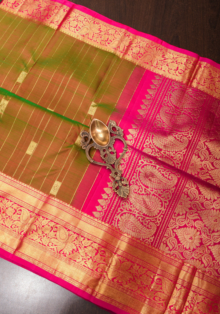 Green Dual tone Kanjivaram Silk Saree with Vertical Stripes and Buttas with Contrast Zari Border | SILK MARK CERTIFIED