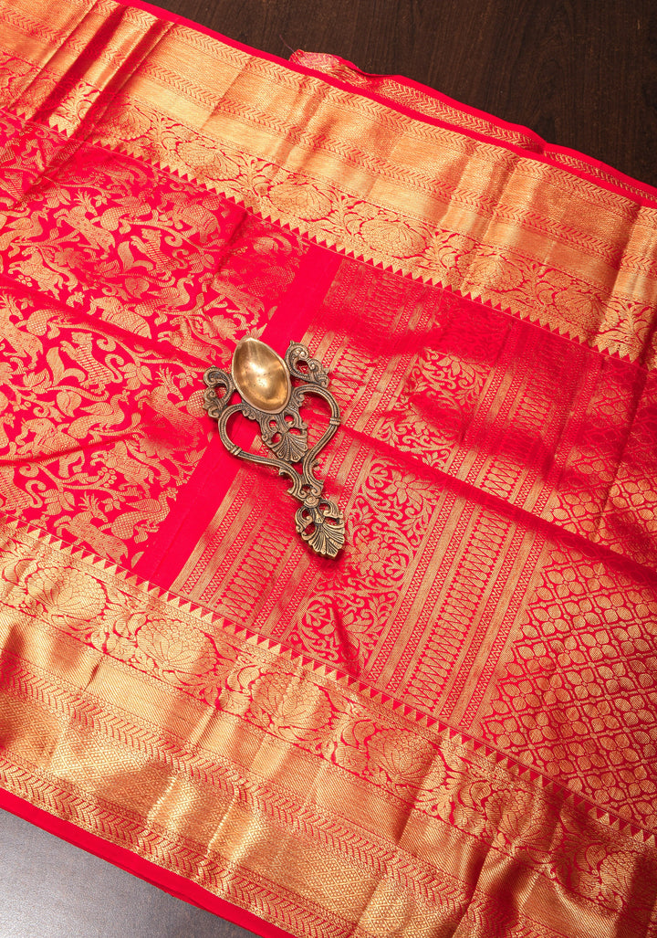 Vanasingaram Brocade Pure Kanjivaram Silk Saree in Red with zari border | SILK MARK CERTIFIED