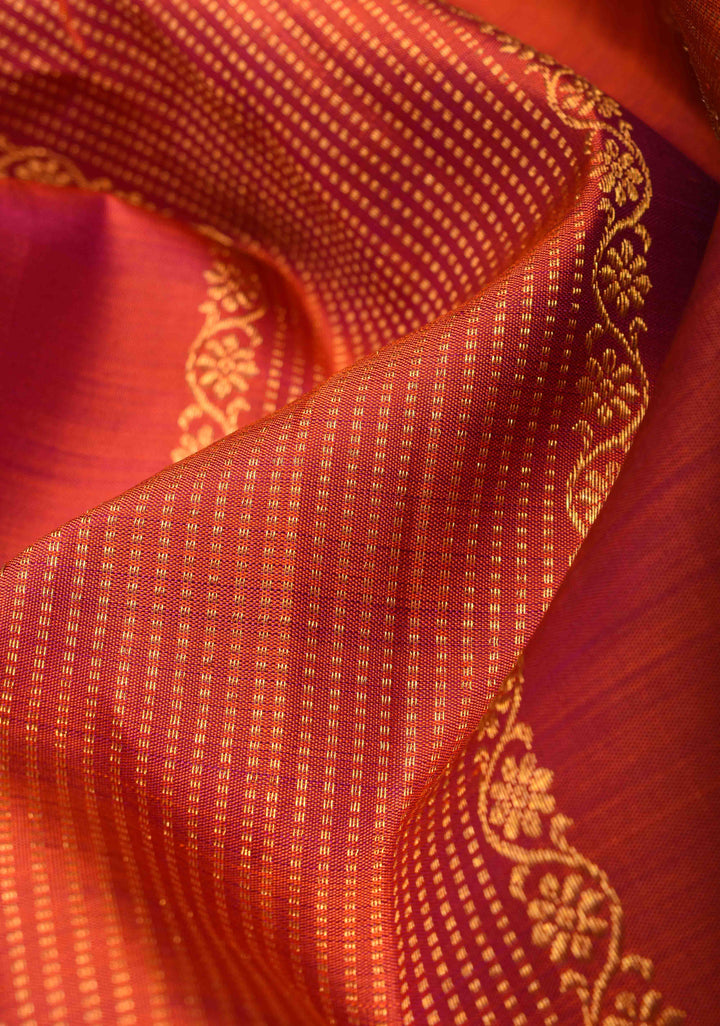 Exquisite Borderless Orange Dual tone Kanjivaram Silk Saree with Vertical Stripes, Geometric Motifs and Contrast Pallu | SILK MARK CERTIFIED