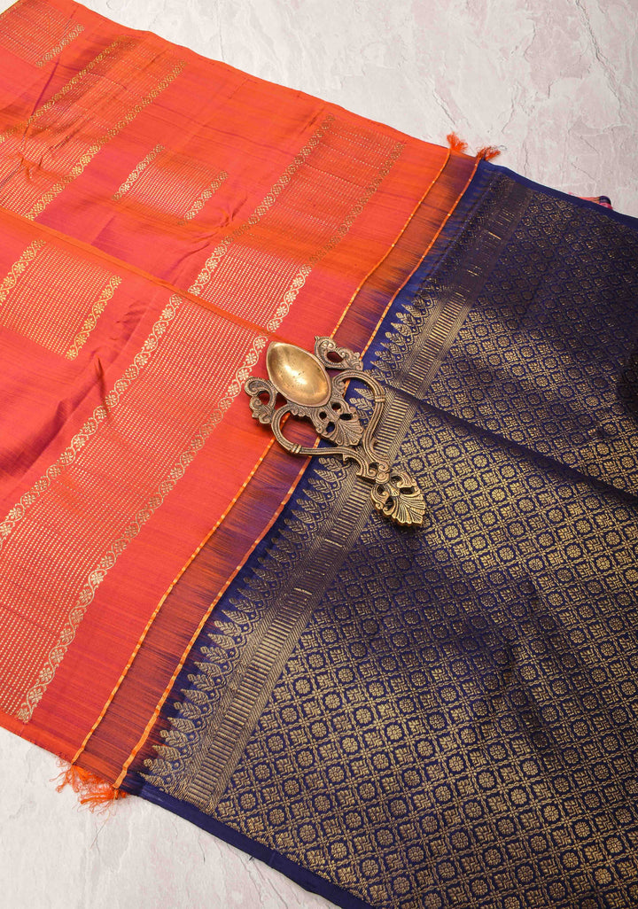 Exquisite Borderless Orange Dual tone Kanjivaram Silk Saree with Vertical Stripes, Geometric Motifs and Contrast Pallu | SILK MARK CERTIFIED