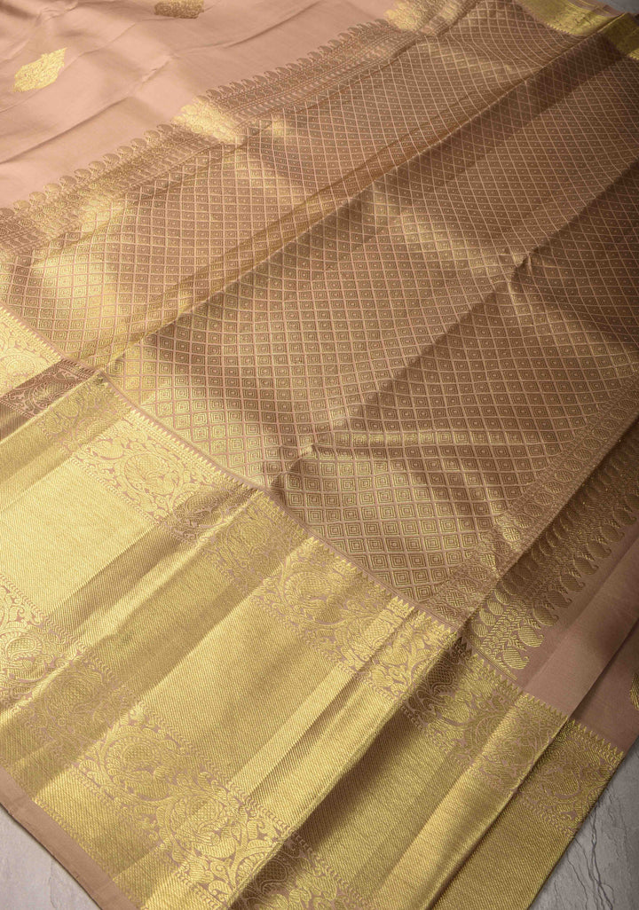 Beige Kanjivaram Silk Saree with Damask Motifs and Wide Zari Border | SILK MARK CERTIFIED