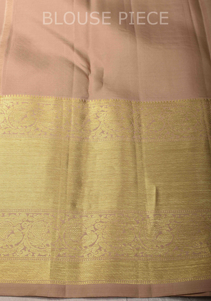 Beige Kanjivaram Silk Saree with Damask Motifs and Wide Zari Border | SILK MARK CERTIFIED