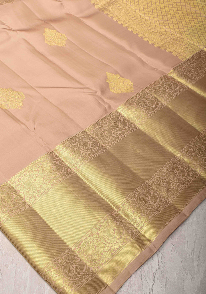 Beige Kanjivaram Silk Saree with Damask Motifs and Wide Zari Border | SILK MARK CERTIFIED
