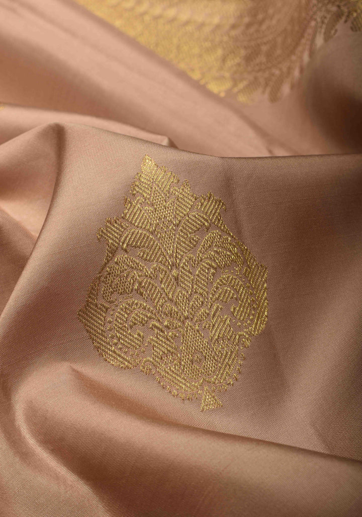 Beige Kanjivaram Silk Saree with Damask Motifs and Wide Zari Border | SILK MARK CERTIFIED