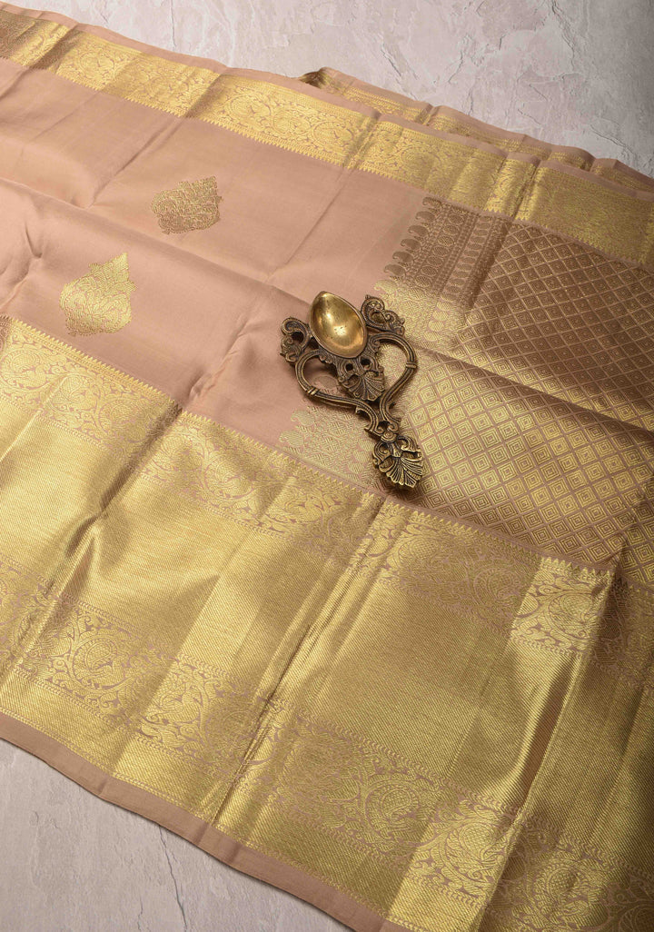 Beige Kanjivaram Silk Saree with Damask Motifs and Wide Zari Border | SILK MARK CERTIFIED