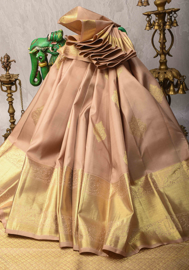 Beige Kanjivaram Silk Saree with Damask Motifs and Wide Zari Border | SILK MARK CERTIFIED