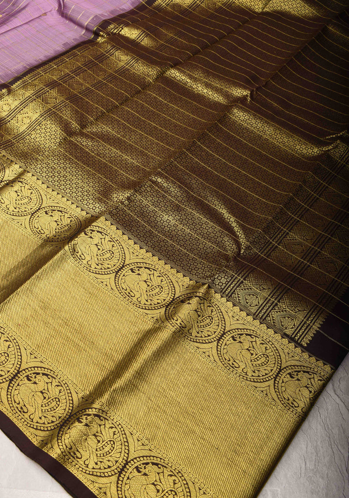 Lavender Zari Checks Kanjivaram Silk Saree with Coin Buttas and Contrast Wide Border | SILK MARK CERTIFIED