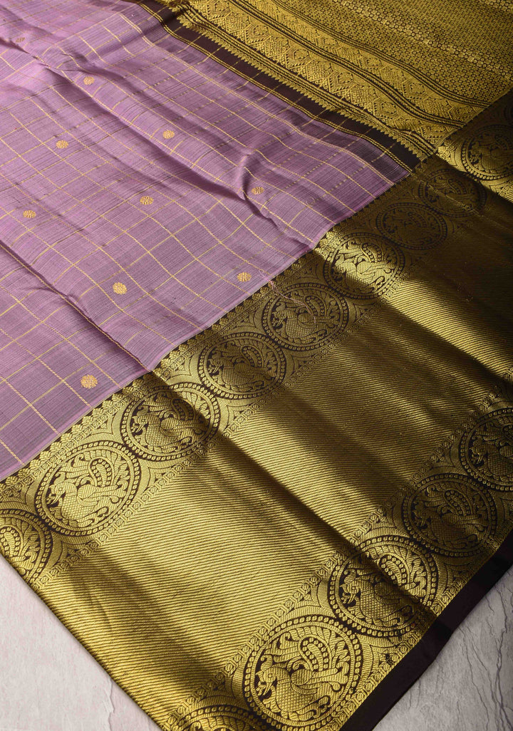 Lavender Zari Checks Kanjivaram Silk Saree with Coin Buttas and Contrast Wide Border | SILK MARK CERTIFIED