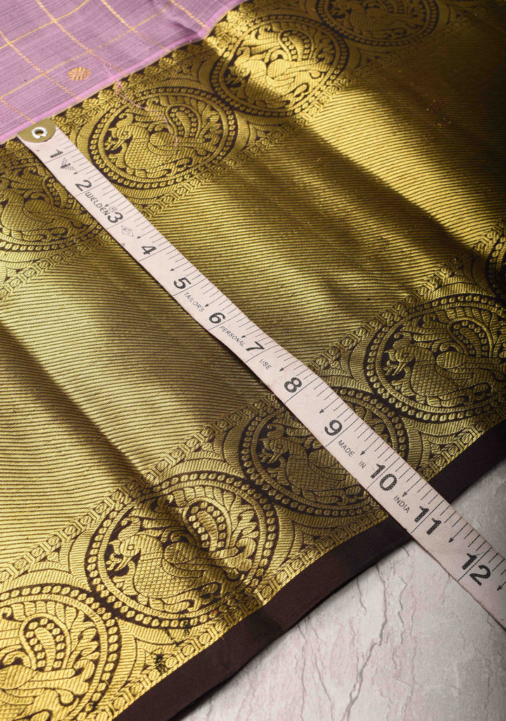 Lavender Zari Checks Kanjivaram Silk Saree with Coin Buttas and Contrast Wide Border | SILK MARK CERTIFIED