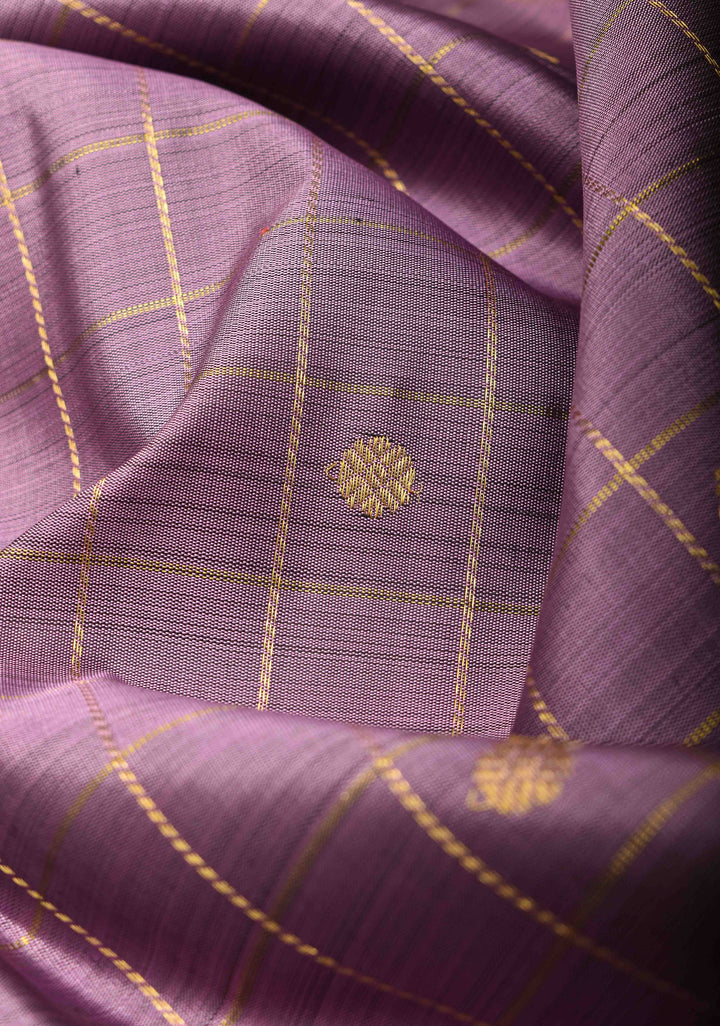 Lavender Zari Checks Kanjivaram Silk Saree with Coin Buttas and Contrast Wide Border | SILK MARK CERTIFIED