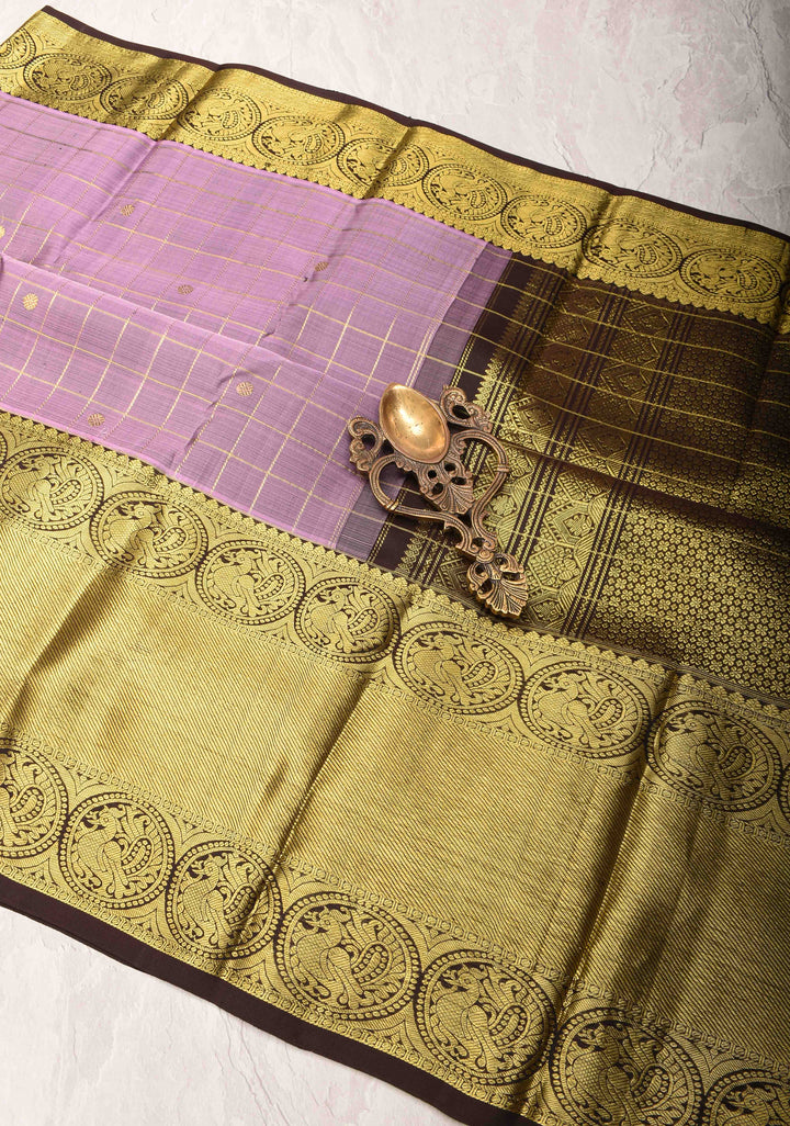 Lavender Zari Checks Kanjivaram Silk Saree with Coin Buttas and Contrast Wide Border | SILK MARK CERTIFIED