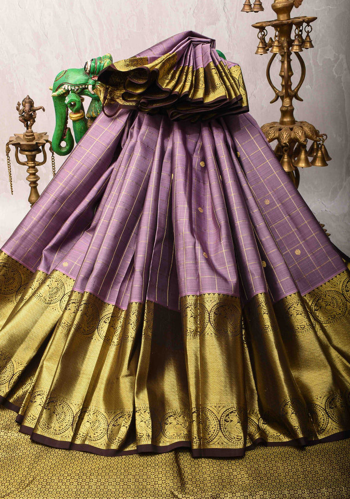 Lavender Zari Checks Kanjivaram Silk Saree with Coin Buttas and Contrast Wide Border | SILK MARK CERTIFIED