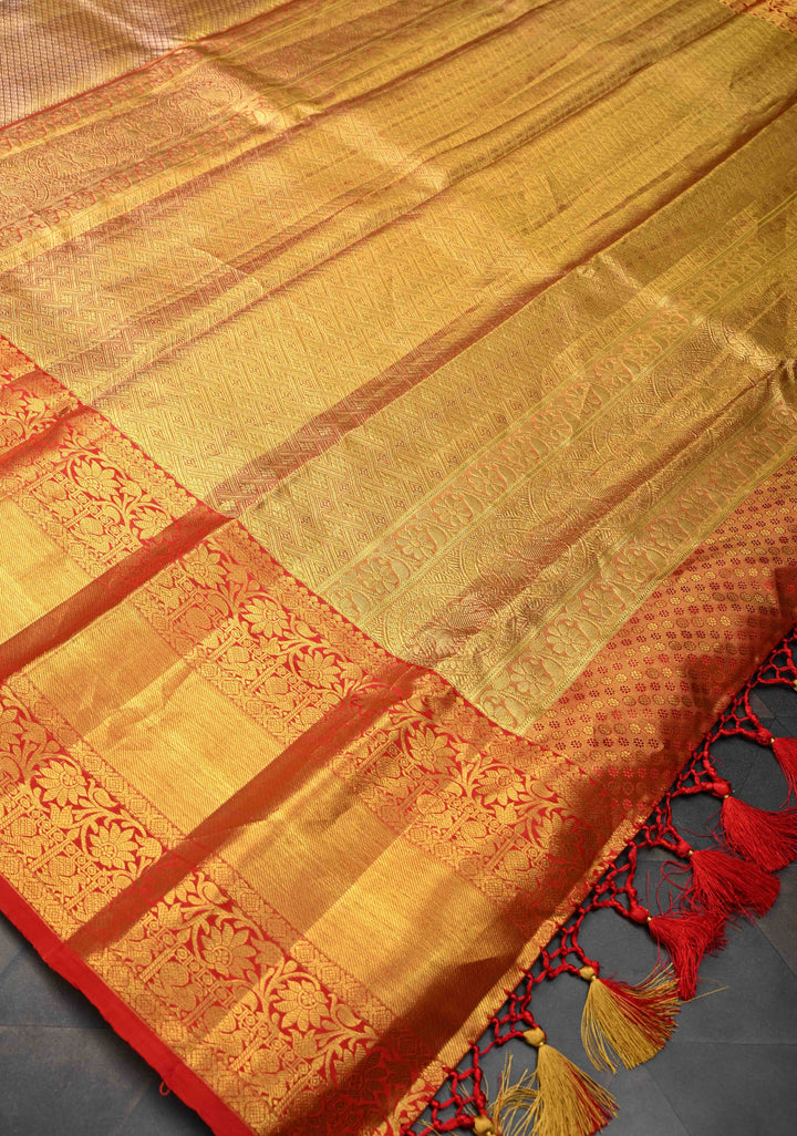 Gold Tissue Brocade Kanjivaram Pure Silk Saree with Wide Border | SILK MARK CERTIFIED