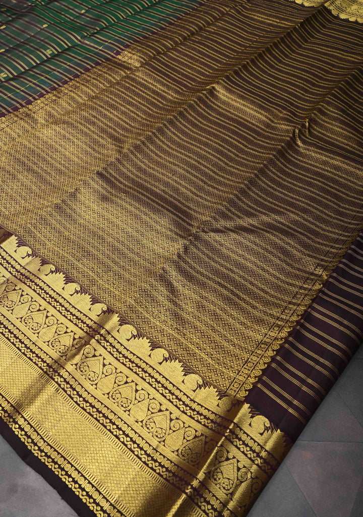 Green Pure Kanjivaram Silk Saree with Zari Horizontal Pattern with Zari Buttis and Border | SILK MARK CERTIFIED