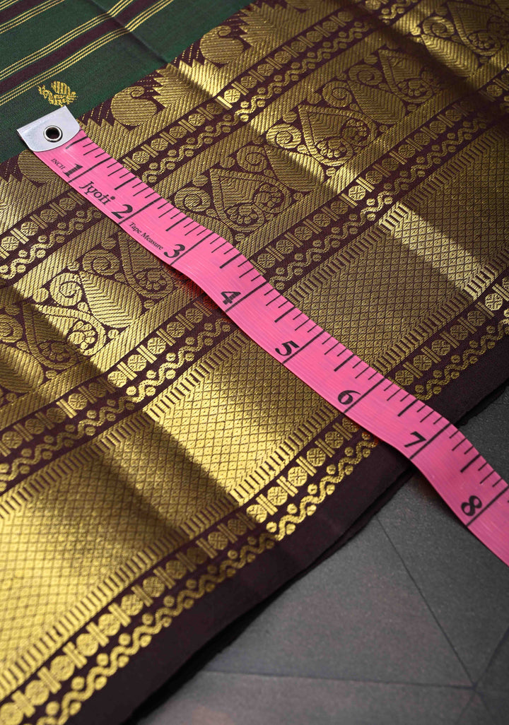 Green Pure Kanjivaram Silk Saree with Zari Horizontal Pattern with Zari Buttis and Border | SILK MARK CERTIFIED