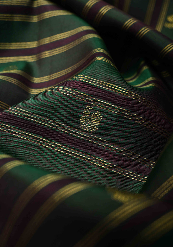 Green Pure Kanjivaram Silk Saree with Zari Horizontal Pattern with Zari Buttis and Border | SILK MARK CERTIFIED