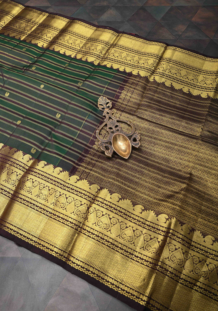 Green Pure Kanjivaram Silk Saree with Zari Horizontal Pattern with Zari Buttis and Border | SILK MARK CERTIFIED